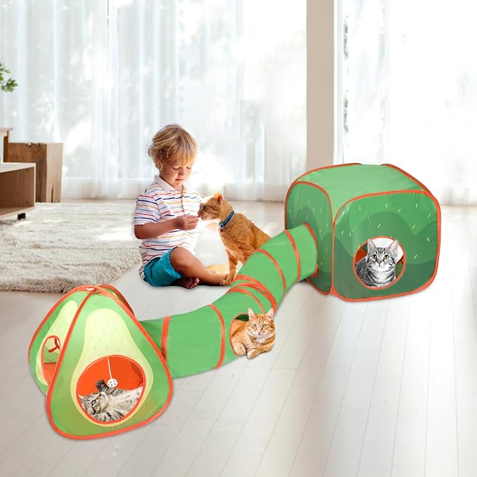 Rypet Cat Toy Tunnel and Cubes Bundle, Play Tubes for Indoor Cats, Green | 3-in-1 Tunnel Cubes Tent, Crinkle Tube for Play, DIY Shapes, Ball and Bell for Play, Tear-Resistant Polyester, Folds Flat