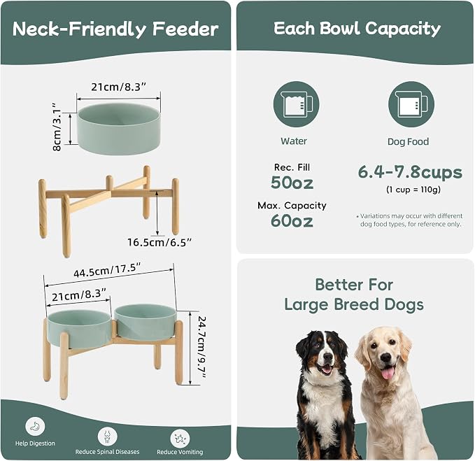 Havniva Elevated Dog Bowls Ceramic Dog Bowls with Stand, Dog Food Bowl | 8.3” Raised Dog Bowls with Non-Slip Wood Stand, Dog Food and Water Bowl Set, Double Dog Feeding Bowls for Large Dogs