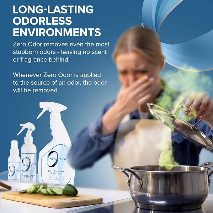 Zero Odor - Multi-Purpose Strong Odor Eliminator for Home, Office, Car, Bathroom, Hotel, Room Deodorizer, and Odor Neutralizer Kit | Odor Eliminator for Hotel, Bathroom, Basement, Trash & Upholstery, Fabric & Room Deodorizer - 22 oz, 8 oz and 4 oz