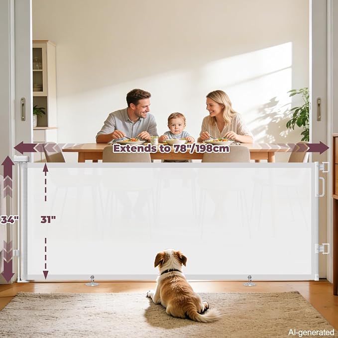 78" Retractable Extra Wide Baby Gates for Stairs, Long Mesh Dog Gate | Indoor Outdoor Pet Gate for Large Openings, Ideal for Doorways Hallways Kitchens Decks & Porches, 34" Height, White