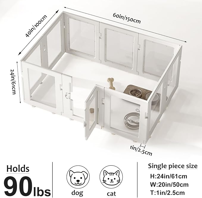 Clear Acrylic Dog Playpen Indoor, Puppy Cat Small Pet Play Pen, Easy Assemble & Disassemble Sturdy Plastic Dog Fence with Heavy Duty Door Lock (24In H, 10PCS), White