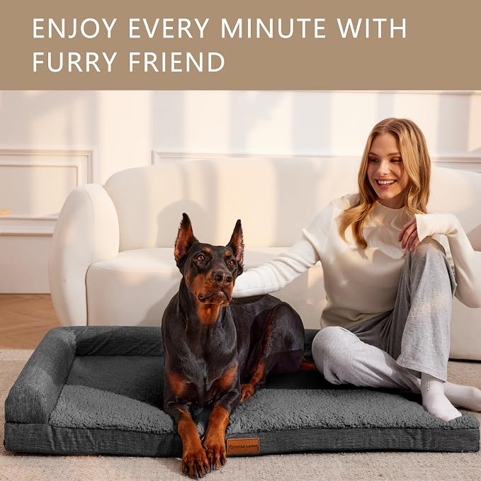 Patas Lague Orthopedic Large Dog Bed Pet Sofa Beds 42''X28''Dark Grey | L Bolster Egg-Crate Foam Dog Couch For Large Sized Dogs, Waterproof Removable Washable Cover, Pet Mat with Nonskid Bottom