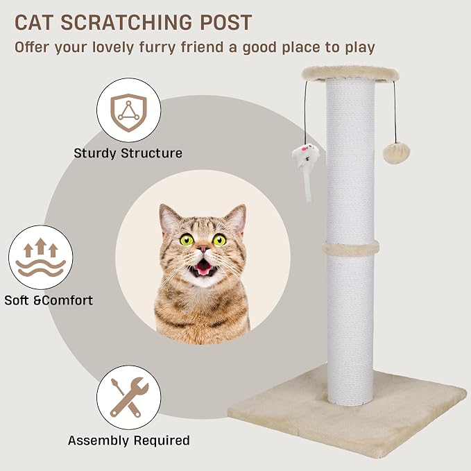 34-Inch Tall Cat Scratching Post for Large Cats, Stable Base, Beige | Heavy-Duty Cat Scratcher, Extra-Tall Thick Post, Soft Natural Cotton Rope, Hanging Interactive Cat Toys, Indoor Cat Furniture