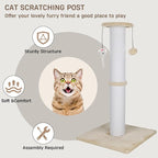 34-Inch Tall Cat Scratching Post for Large Cats, Stable Base, Beige | Heavy-Duty Cat Scratcher, Extra-Tall Thick Post, Soft Natural Cotton Rope, Hanging Interactive Cat Toys, Indoor Cat Furniture