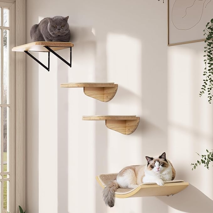 Cat Wall Shelves with Sisal Mat, Cat Wall Furniture Steps for All Breeds | Wooden Cat Wall Shelves with Sisal Mat, 2 Floating Wall Steps, Cat Wall Furniture Steps, Perfect for Climbing and Playing