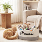 Cat Toy Basket with Cat Ear Handles, 19.5 x 11 x 9 in Woven Cats Toy Bin, Large Two-tone Cotton Rope Storage Box, Meow Words Organizer for Toys, Blankets, Home Decor (White, Gray)