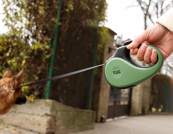 TUG 360° Tangle-Free Retractable Dog Leash with Anti-Slip Handle | 16 ft Strong Nylon Tape | One-Handed Brake, Pause, Lock (Large, Green)