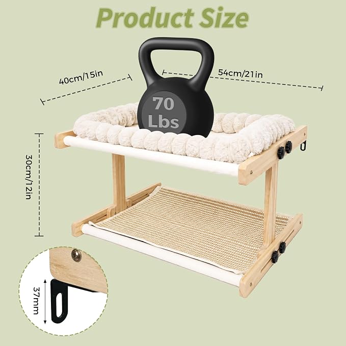 Teabelle Double Layer Cat Window Perch with 3 Interchangeable Mats | Bedside Sleeper, Adjustable Solid Wood Tree Cat Hammock for Small & Medium Breeds, Sturdy Window Bed(Plush, Sisal, Canvas)