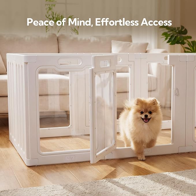 Soulbond Clear Acrylic Dog Playpen Indoor (24 Inch, White, 10 Panels) | Non-Slip,Tool-Free Assembly, External Door Lock Play Pen for Puppies and Small Dogs