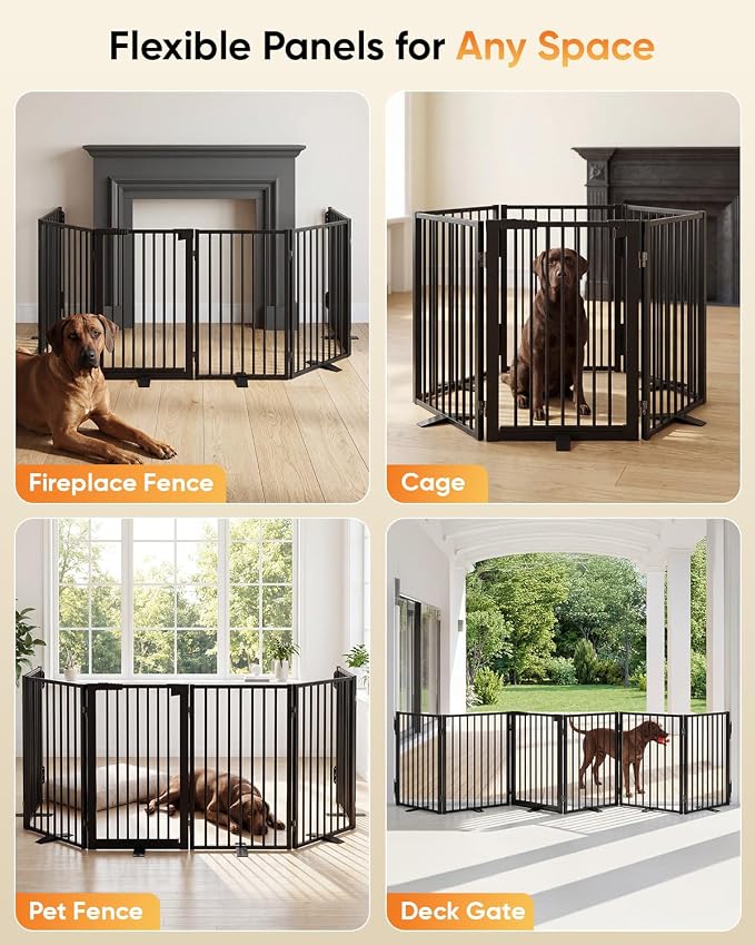 Full Metal Free Standing Dog Gate with Door for Indoor & Outdoor,120'' Extra Wide 32'' Tall Dog Gate for The Doorways,Large Openings,Decks,Porch,Pet Freestanding Safety Fence(6 Panels,Black)