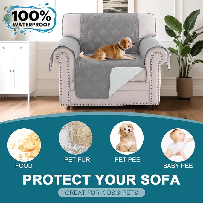 Turquoize 100% Waterproof Couch Cover Sofa Covers for 1 Cushion Couch Chair Covers Triple Non-Slip Washable Furniture Protector Cover for Pets, Kids, Dog (Chair 23", Light Gray)