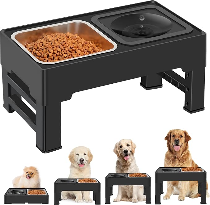 2-in-1 Elevated Dog Bowls, Raised Pet Bowl with Stainless Steel Food Bowl and Spill Proof Water Bowl, 4 Adjustable Heights, Non-Slip Stand, for Small, Medium, Large Dogs and Pets