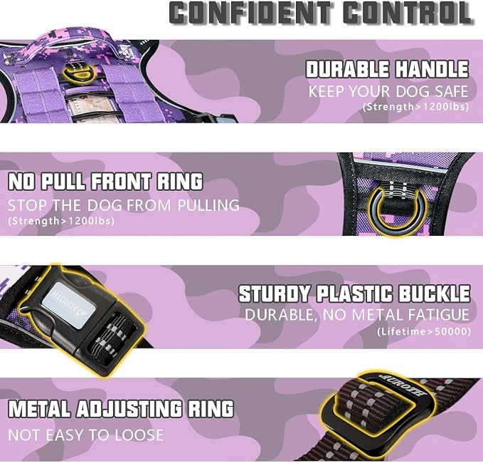 Auroth Tactical Dog Harness for Small Medium Large Dogs No Pull Adjustable Pet Harness Reflective K9 Working Training Easy Control Pet Vest Military Service Dog Harnesses (M, Purple Camo)