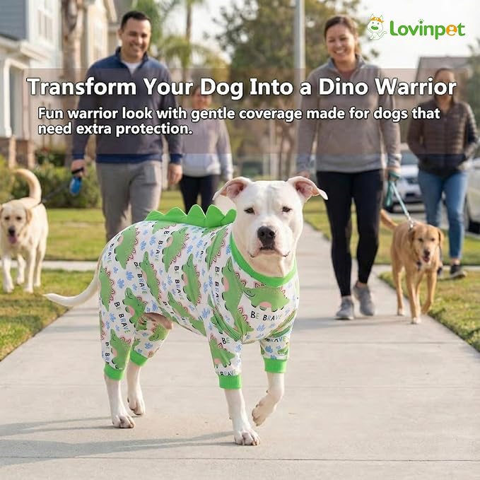 LovinPet Large Dog Pajamas, Four-Leg Stretch Onesie Bodysuit, Lightweight UV-Shielding Pajamas, Anti-Lick Calming Recovery Suit for Surgery, Pull-On for Medium and Large Breeds,White Green,XL
