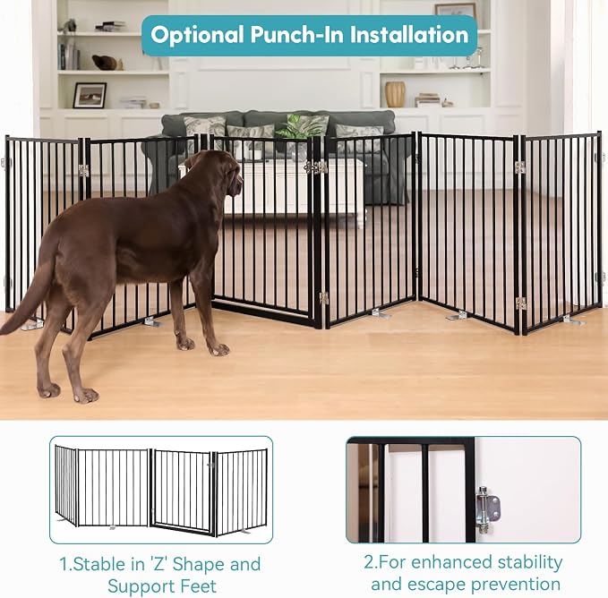 No Pawblems Full Metal Freestanding Dog Gate with Door, 30" Tall | Foldable Pet & Dog Fence for Stairs/Deck/Doorways, Indoor/Outdoor, Freestanding & Wall Mount, 208" Wide, 8 Panels, Black