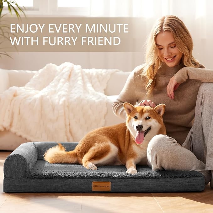 Patas Lague Orthopedic Large Dog Bed Pet Sofa Beds 42''X28''Dark Grey | L Bolster Egg-Crate Foam Dog Couch For Large Sized Dogs, Waterproof Removable Washable Cover, Pet Mat with Nonskid Bottom