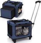 17in Wheeled Expandable Cat Carrier for Cats Small Dogs,Blue | elescopic rod, expandable side room, foldable breathable mesh, portable carrier for indoor & outdoor pet travel