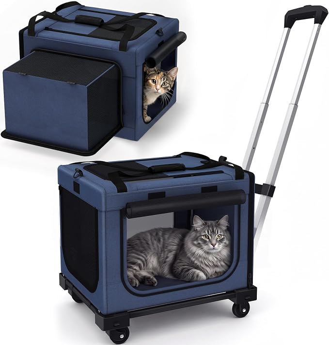 17in Wheeled Expandable Cat Carrier for Cats Small Dogs,Blue | elescopic rod, expandable side room, foldable breathable mesh, portable carrier for indoor & outdoor pet travel