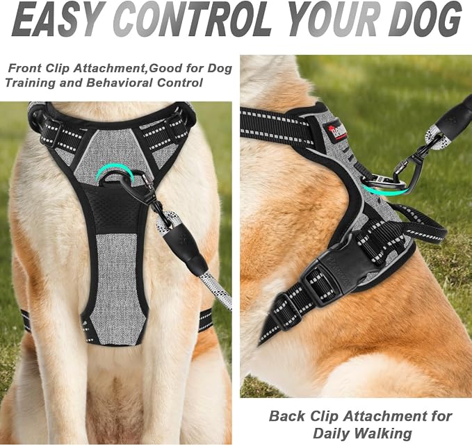BARKBAY No Pull Dog Harness Front Clip Heavy Duty Reflective Easy Control Handle for Large Dog Walking(Dark Grey,XL)