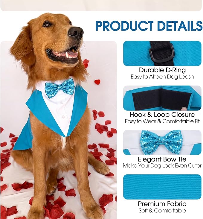 Kuoser Dog Tuxedo, Dog Suit and Bandana Set, Dogs Costume with D-Ring | Formal Dog Outfit with Detachable Bowtie Collar for Wedding, Birthday, Party, Christmas, Halloween, Lake Blue S
