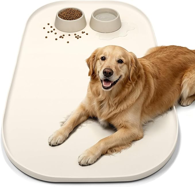SMILOOL 36" x 24" x 1" Extra Large Silicone Pet Food Mat with Raised Edge for Food and Water Bowl, Dog Feeding Mats, Cat Food Trays for Floor Waterproof, Rubber Tray for Dogs and Cats, White Sand
