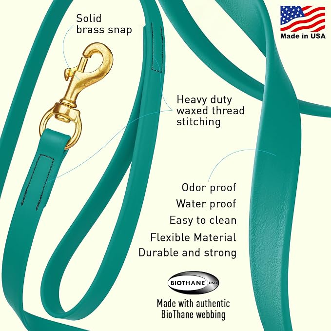Viper Biothane K9 Working Dog Leash Waterproof Lead for Tracking Training Schutzhund Odor-Proof Long Line with Solid Brass Snap for Puppy Medium and Large Dogs, 20ft Blue Aqua