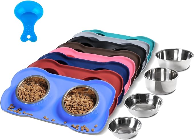 Hubulk Pet Dog Bowls 2 Stainless Steel Dog Bowl with No Spill Non-Skid Silicone Mat + Pet Food Scoop Water and Food Feeder Bowls for Feeding Small Medium Large Dogs Cats Puppies (Extra Large, Blue)