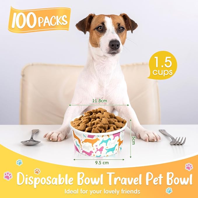 100 Pcs Disposable Dog Bowls 1.5 Cups Pets Disposable Feeding Bowls for Dogs and Cats Pets Paper Travel Cups for Small Medium Dogs Cats Puppy Kitten Dry or Wet Serving Food Water (Classic)