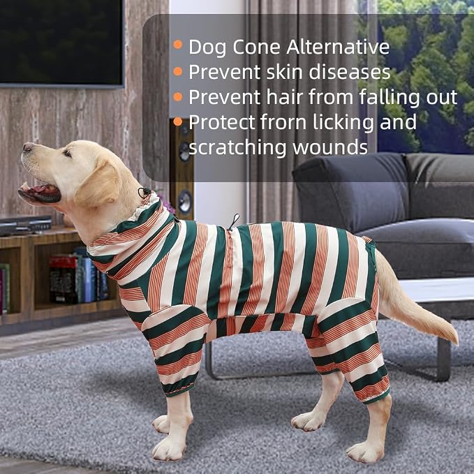 Dog Jumpsuit, Extra Large Stretch, 6XL, Yellow-Green Bar, for Medium-Sized, Adult Dogs, Surgical Recovery Dog Clothing, Polyester