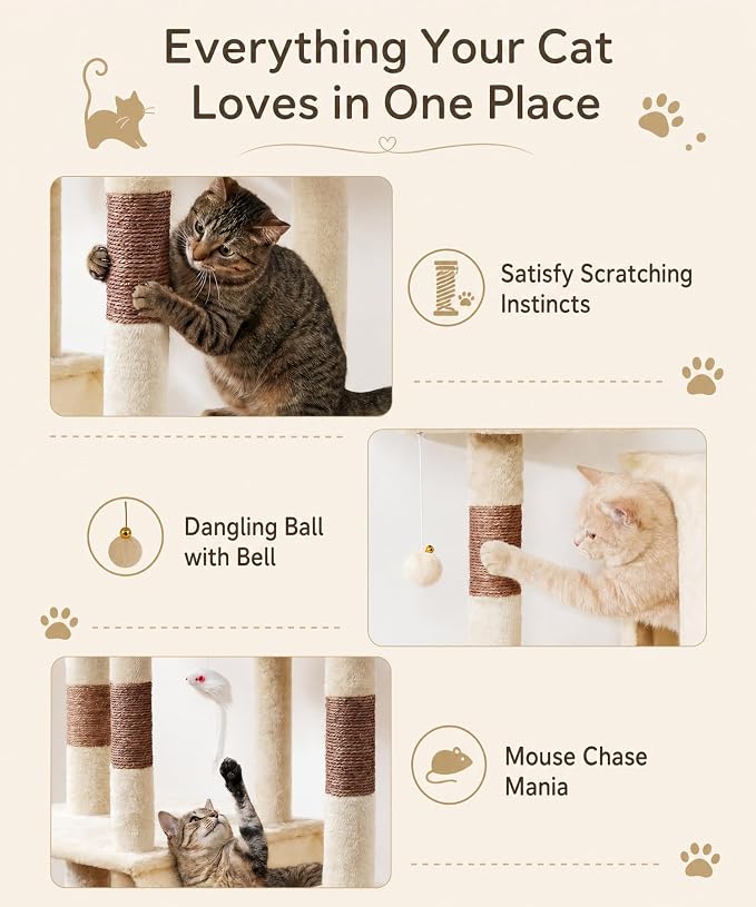 71 Inch Cat Trees for Large Cats, Heavy Duty Cat Tree Tower | Cat Condos for Indoor Cats Large Adult with Cat Scratching Post & 2 Condos, 9 Sisal Posts & Hammock, Beige