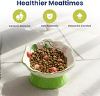 Strawberry Blooms Elevated Ceramic Cat Bowl, Green | Raised Cat Food Bowl with 15° Tilt, Whisker-Friendly Pet Feeding Bowl, Anti-Choking Dish, Dishwasher Safe