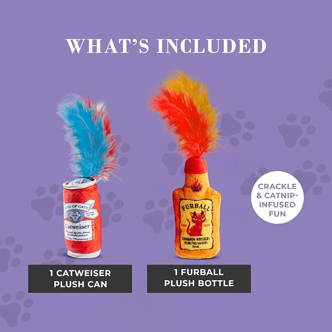 Haute Diggity Kitty Catweiser + Furball Set, Soft Plush Cat Toys | 2 Pack Catnip Toys with Interactive Crackle & Feathers, Safe & Durable Cat Nip Kicker Toy for Outdoor & Indoor Cats & Kitten