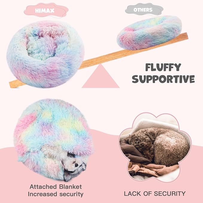 Himax 26in Covered Dog Bed with Blanket Attached Calming Burrow Light Grey | Anti-Anxiety Donut dog bed with cover, Washable Round Fluffy Pet& Cat Beds