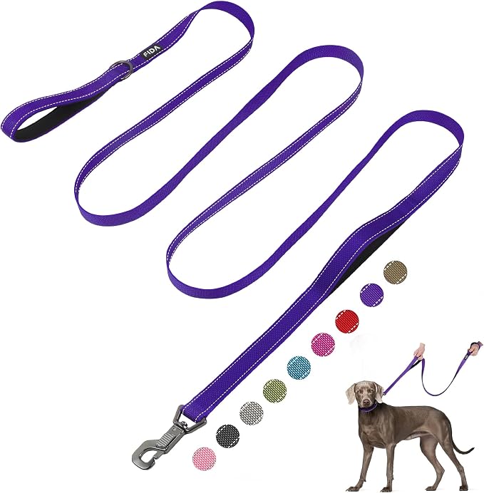 Fida 10ft Heavy Duty Dog Leash with 2 Comfortable Padded Handles, Traffic Handle & Advanced Easy Snap Hook, Reflective Walking Lead for Large, Medium & Small Breed Dogs, Purple