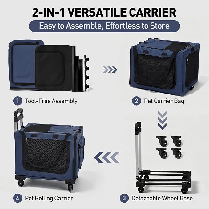 17in Wheeled Expandable Cat Carrier for Cats Small Dogs,Blue | elescopic rod, expandable side room, foldable breathable mesh, portable carrier for indoor & outdoor pet travel