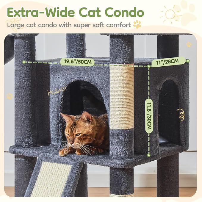 Taoqimiao Cat Tree for Large Cats, 72In Tall Cat Tower, Giant Platform | Widened Cat Condo with Large Scratch Board, 5 Scratching Posts, Metal Frame Hammcock, Cozy Basket, Smoky Gray, MS045G