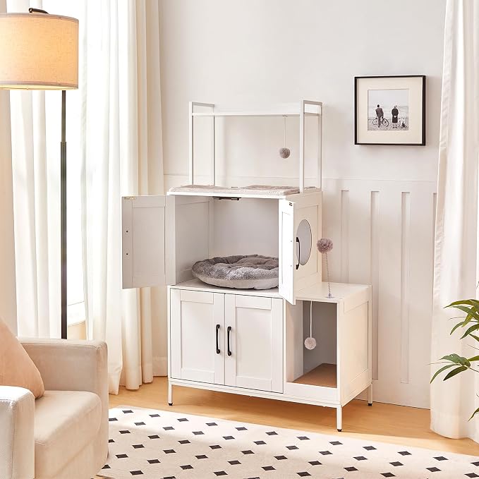 HOOBRO Litter Box Enclosure, Litter Box Furniture with Storage, 2-in-1 Hidden Cat Furniture with Shelf, 2 Dangling Plush Balls and 1 Toy Ball, Large Wooden Cat Washroom, White WT78MW01