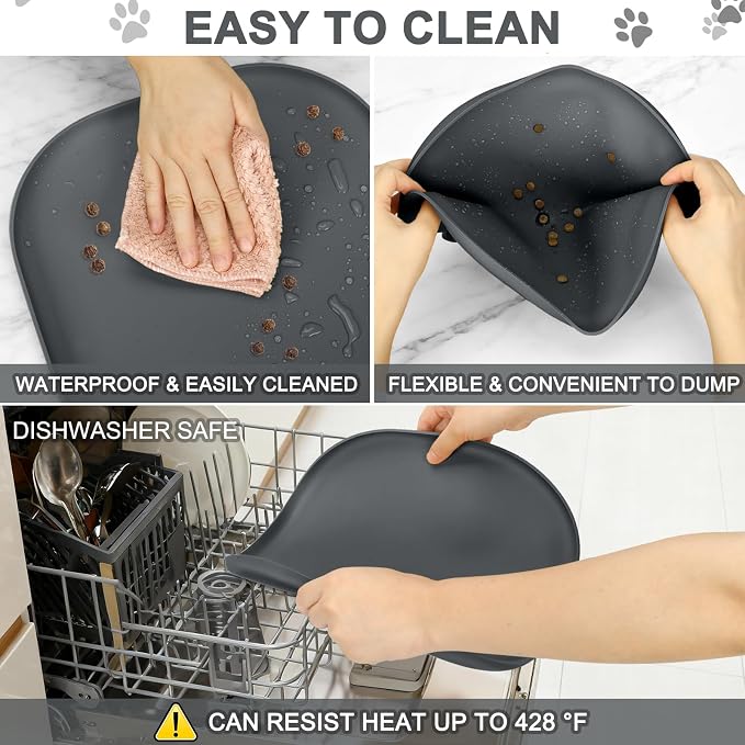 SMILOOL Small Silicone Pet Food Mat with Raised Edge for Food and Water Bowl, Square Dog Feeding Mats, Cat Food Trays for Floor Waterproof, Rubber Tray for Dogs and Cats, 12 x 12 x 0.7 Dark Gray
