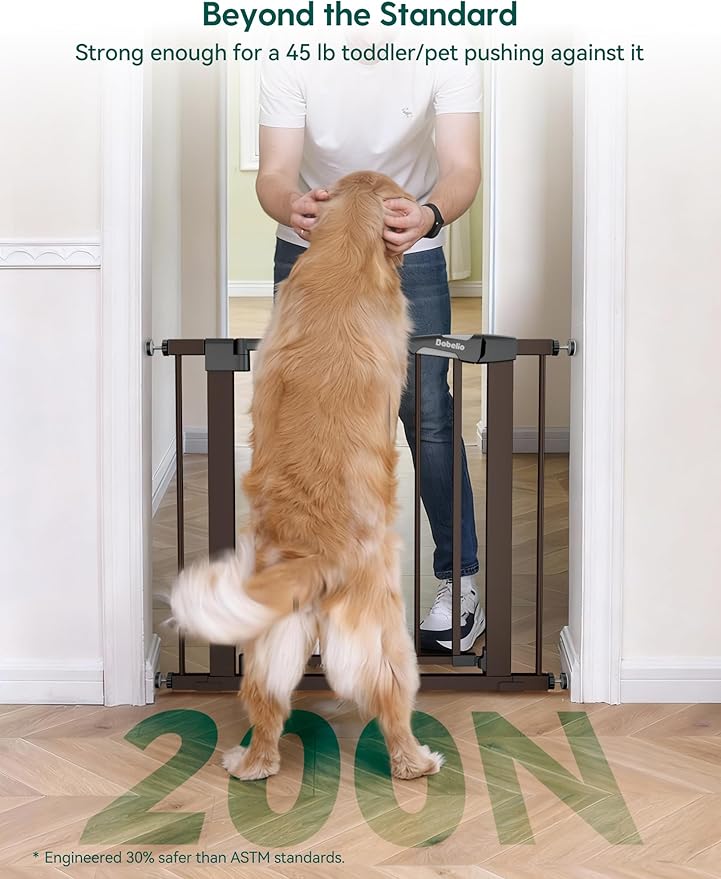Babelio Pressure Mounted Baby Gate for Stairs, 29-48" Wide Dog Gate Indoor | Triple-lock system; Pressure/wall mount Auto-close; 200N impact tested; Easy Install for Doorways, Kitchen, Hallway, Brown