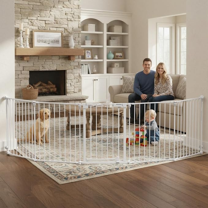 Mumeasy 126" Extra Wide Baby Gate for Doorways, Stairs & Fireplace, Indoor | Auto Close Safety Dog & Pet Gate with Walk Thru Door, Childproof Fence for Hallway Kitchen House Outdoor,5 Metal Panels,White