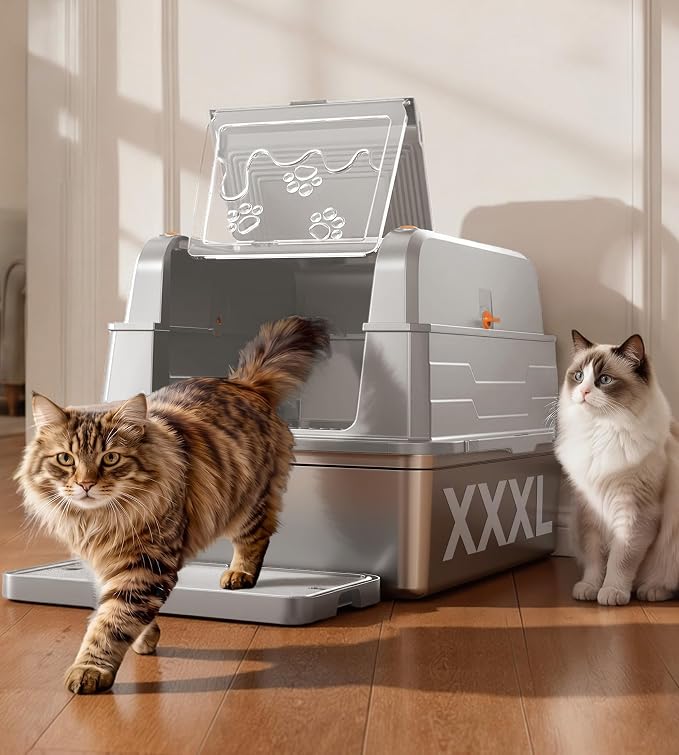 CATLIKE 2026 Upgrade 152L XXXL Stainless Steel Cat Litter Box - 3-Layer Urine Leak-Proof, Enclosed Design w/Charcoal Filter for Maine Coon & Multi-Cat Homes, Includes Metal Scoop & Mat