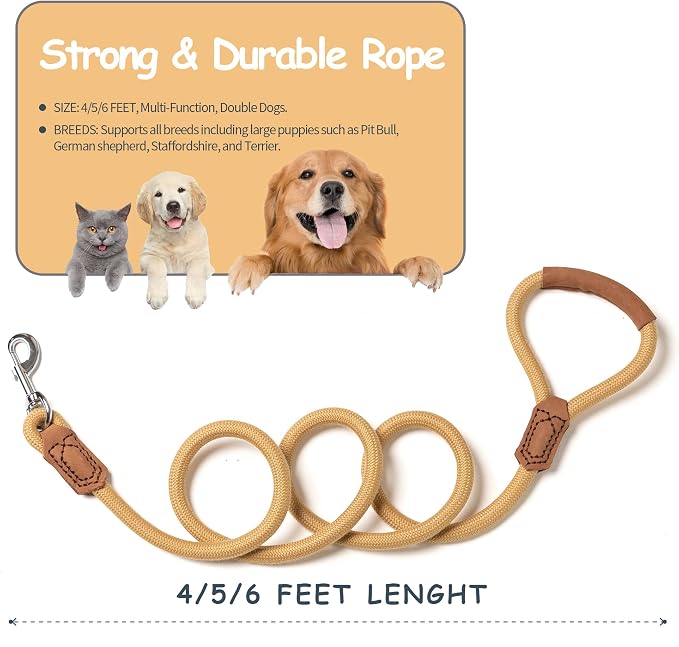 Mile High Life Dog Leash with Genuine Leather Handle, 6 FT/5 FT/4 FT | Leather Grip Rope Leash, Heavy Duty 360° Swivel Metal Clasp, for Small Medium & Large Dogs