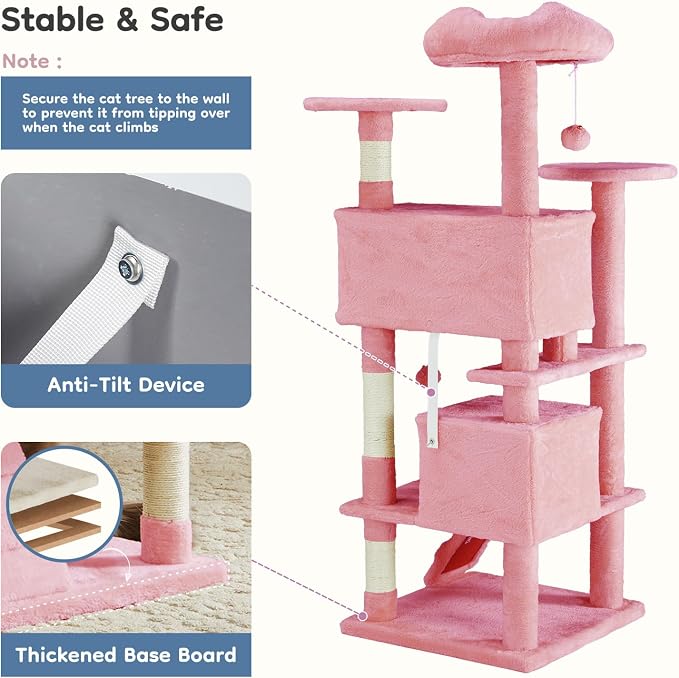 DUMOS 54 Inch Cat Tree Tower with Scratching Posts, Pink | Multi-Level Pet House for Large Cats with 2 Condos, Scratching Posts, Round Platform, Small Ladder and Toys