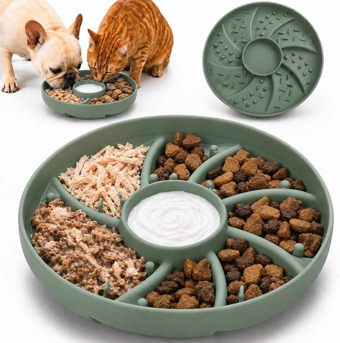 Slow Feeder Dog Bowl Silicone Suction Cup Anti Spill Dogs Cats Green | strong suction base prevents sliding, extends mealtime, reduces anxiety, textured surface, dishwasher safe