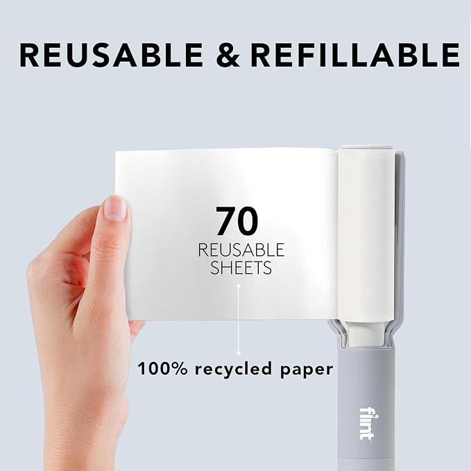 Plus Retractable Lint Remover & Pet Hair Roller for Clothes – Refillable & Reusable Lint Roller with 70 Extra Sticky Tear-Off Sheets – Value Pack, Light Grey