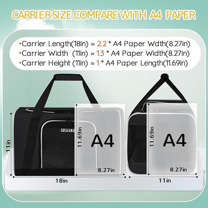 Petskd Small Pet Carrier 18" L x 11" W x 11" H Airline Approved, Black | for Delta/American/United Airlines, Lockable Safety Zippers and Anti-Scratch Mesh, Pets Under 10 lbs