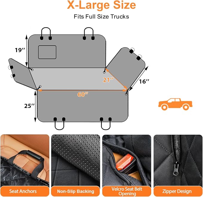 URPOWER XL Dog Seat Cover for Full-Size Truck Back Seat, Waterproof Hammock | 600D Oxford, Side Flaps with Zippers, Scratch Resistant, Non-Slip, Easy Install, Machine Washable, Dog Seat Belt Included