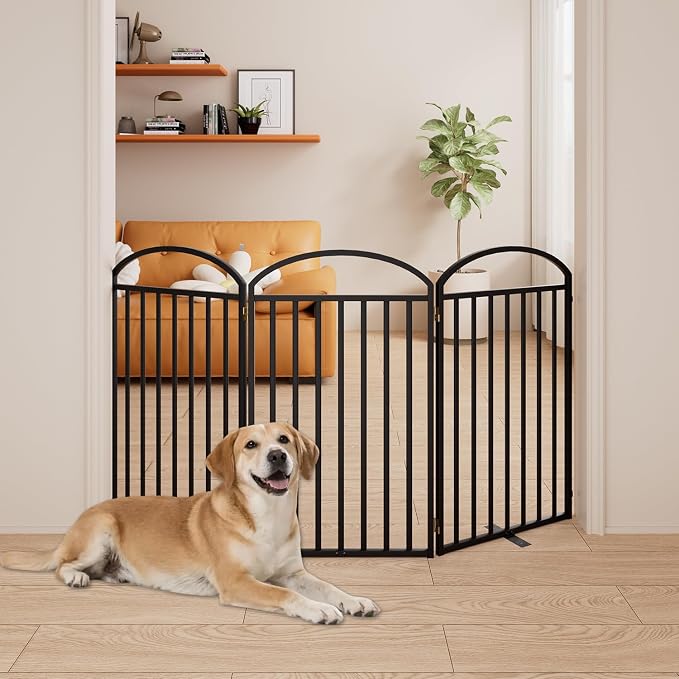SNUOWU 3 Panels Full Matel Freestanding Dog Gates, 72" Extra Wide 36" Tall Free Standing Dog Pet Gate for Indoor & Outdoor. Foldable Pet Fences for Doorways, House, Stairs, Porch, Deck, Yard