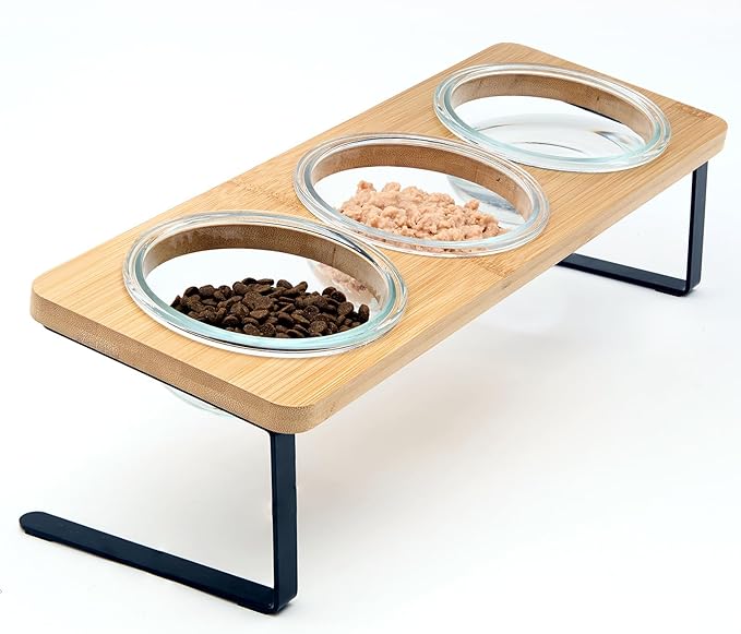 Elevated Cat Bowls, 15° Tilted Cat Food Bowl | Includes 3 Glass bowls, Bamboo Board and Metal Stand with Anti-Slip Design for Stable Feeding of Cats and Puppies