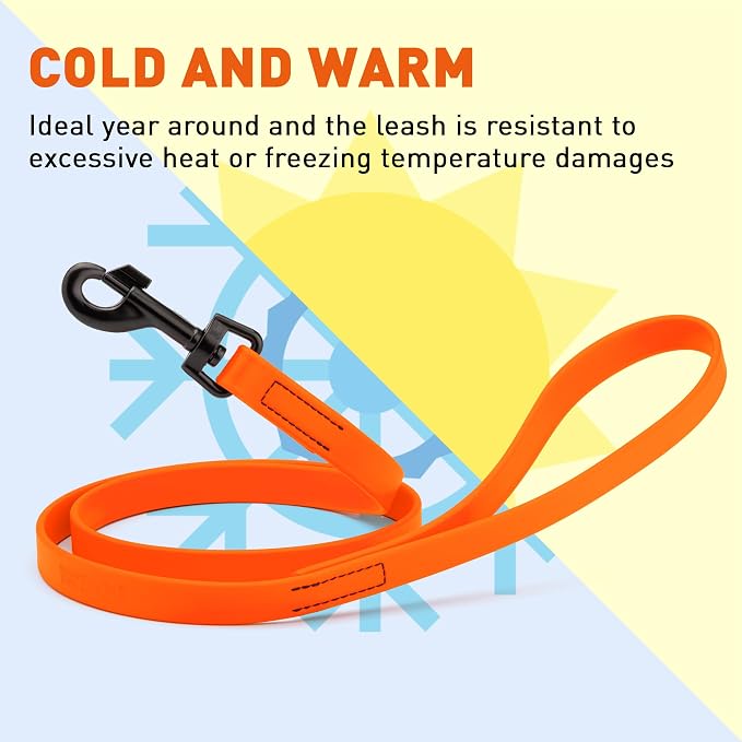 Dogline Biothane Waterproof Dog Leash Strong Coated Nylon Webbing with Black Hardware Odor-Proof Easy to Clean High Performance for Small or Large Dogs Made in USA 4 or 6 ft Lead, Hunter Orange